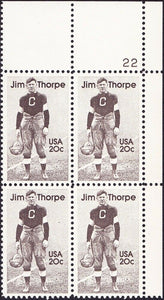 1984 Jim Thorpe Football, Track Plate Block Of 4 20c Postage Stamps - Sc# 2089 - MNH, OG - CQ66d