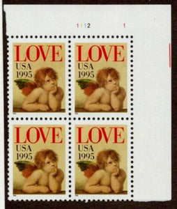 1995 Love Cupid Valentines Plate Block of 4 32c Postage Stamps - MNH, OG - Sc# 2948