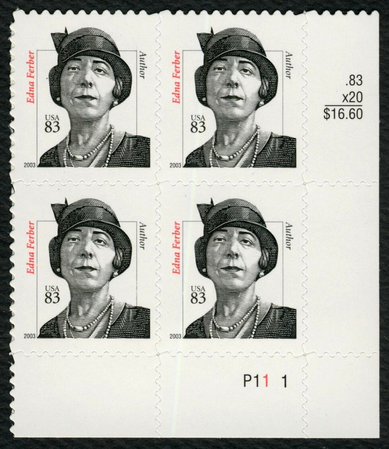2000-09 Edna Ferber Plate Block of 4 83c Postage Stamps -Scott 3434 - MNH - CX793