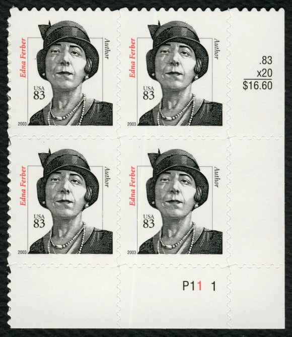 2000-09 Edna Ferber Plate Block of 4 83c Postage Stamps -Sc# 3434 - MNH - CX793