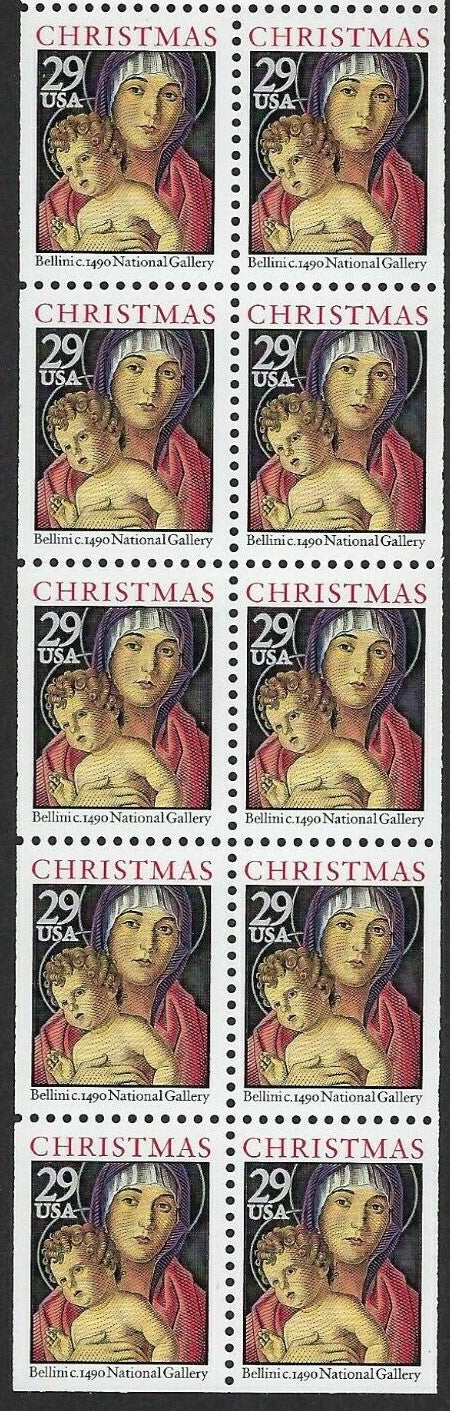 1992 Christmas Madonna & Child By Bellini - Booklet Pane of 10 29c Postage Stamps - Sc# 2710 - MNH - CX827