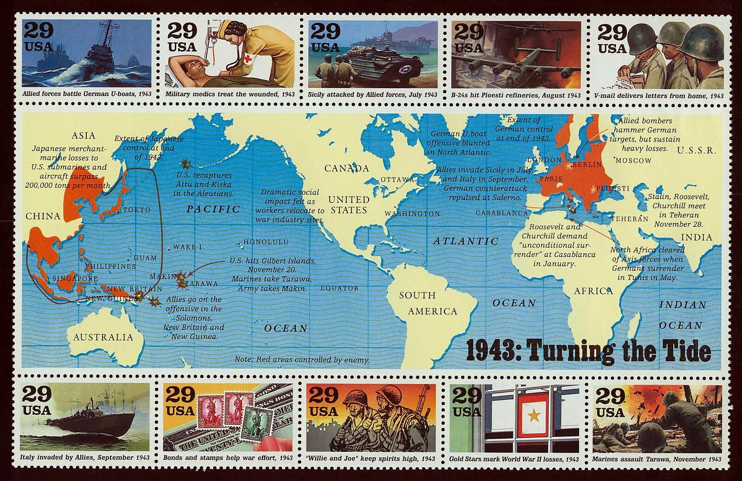 1993 WW2 "Turning The Tide" Sheet Of 10 29c Postage Stamps - Scott 2765 - MNH, OG - CW261