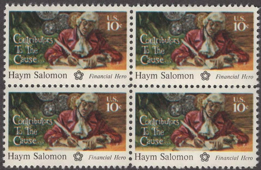 1975 Haym Salomon Financial Hero Block of 4 10c Postage Stamps - MNH, OG - Scott 1561