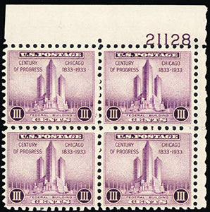 1933 Century of Progress Plate Block of Four 3c Postage Stamps  -Sc#729 - MNH,OG