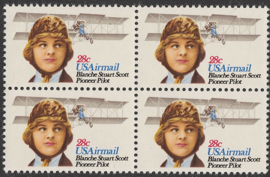 1980 Blanche Stuart Scott, Pioneer Pilot Block of 4 28c Airmail Postage Stamps - MNH, OG - Scott C99