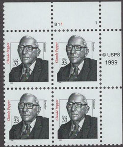 2000 Claude Pepper Plate Block of 4 Postage Stamps - MNH, OG - Sc# 3426