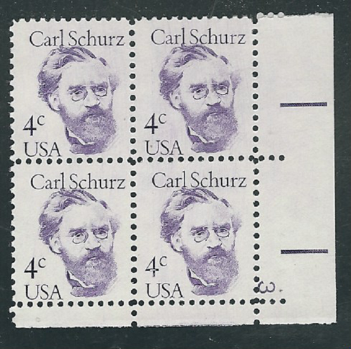 1983 Carl Schurz Great Americans Plate Block of 4 4c Postage Stamps - MNH, OG - Scott 1847