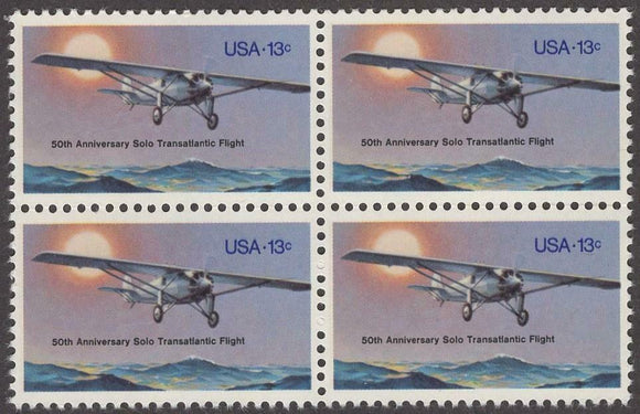 1977 Charles Lindbergh Solo Transatlantic Flight Block of 4 13c Postage Stamps - MNH, OG - Sc# 1710