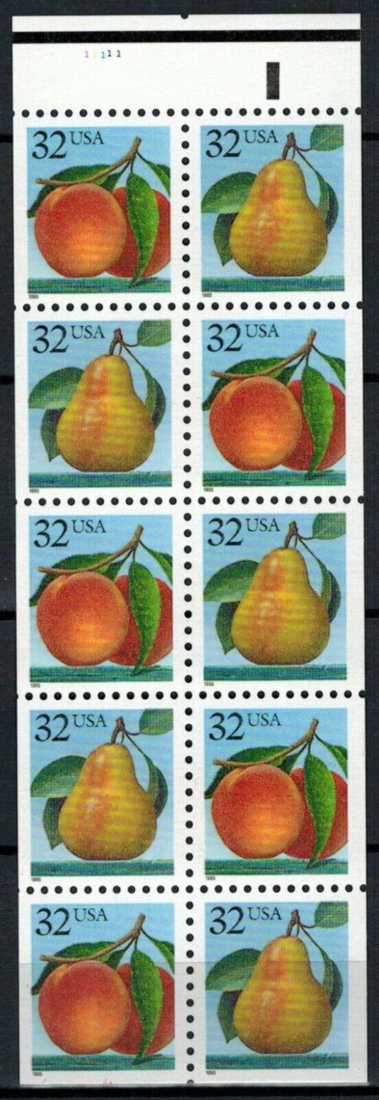 1995 Peaches & Pears Stamp Booklet of 20 32c Postage Stamps - Scott BK178, 2487-2488 - CX775