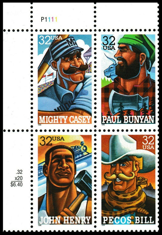 1996 Folk Heros Plate Block of 4 32c Postage Stamps Scott 3083-3086 - CW374