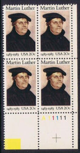 1983 Martin Luther Plate Block of 4 20c Postage Stamps - MNH, OG - Sc# 2065