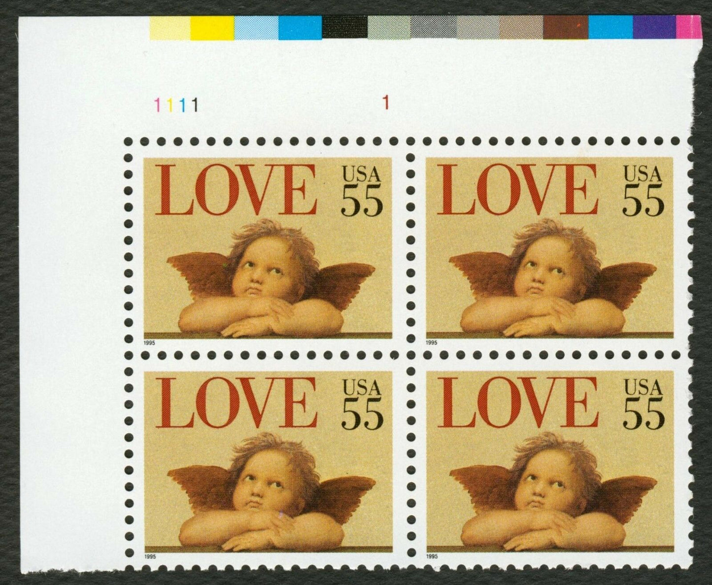 1995 Love Cupid Cherub Valentine's Plate Block of 4 55c Postage Stamps - MNH, OG - Scott 2958