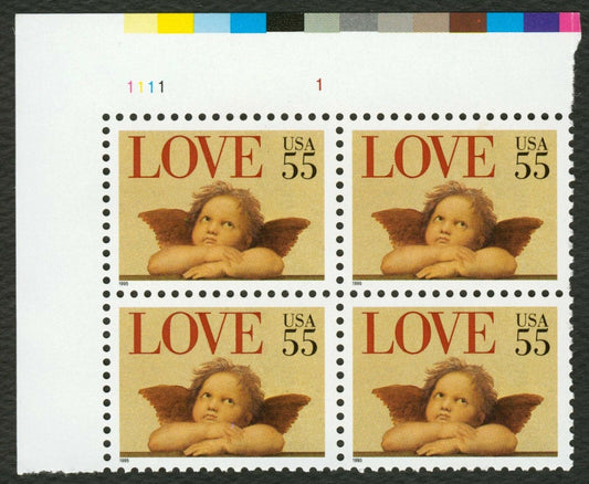 1995 Love Cupid Cherub Valentine's Plate Block of 4 55c Postage Stamps - MNH, OG - Scott 2958