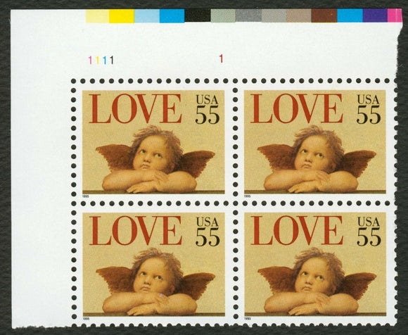 1995 Love Cupid Cherub Valentine's Plate Block of 4 55c Postage Stamps - MNH, OG - Sc# 2958