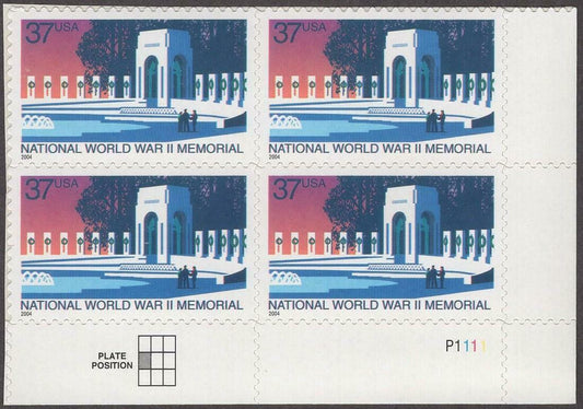 2004 National World War ll Memorial Plate Block of 4 37c Postage Stamps - MNH, OG - Scott 3862