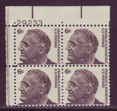 1966 Franklin D. Roosevelt Plate Block of 4 6c Postage Stamps - MNH, OG - Scott 1284