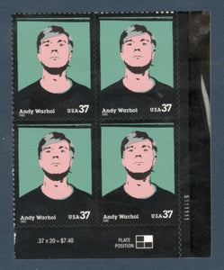 2002 - Andy Warhol Plate Blk Of 4 37c Postage Stamps - Sc# 3652 - MNH, OG - DC125