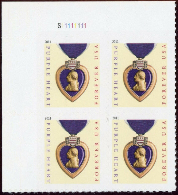 2011 Purple Heart Plate Block of 4 44c Postage Stamps - MNH, OG - Scott 4529
