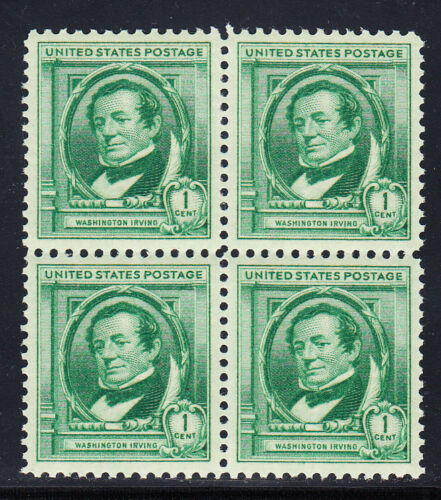 1940 Washington Irving Block of 4 1c Postage Stamps - Scott 859 - MNH,OG