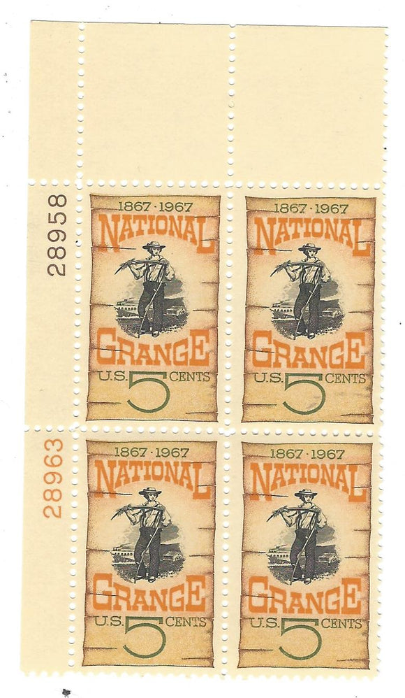 1967 National Grange Plate Block Of 4 5c Postage Stamps - MNH, OG - Sc# 1323`- CX221