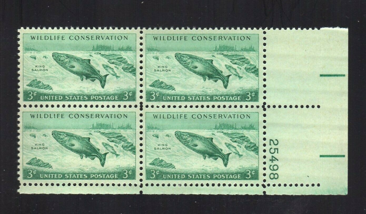 1956 Wildlife Conservation King Salmon Plate Block of 4 3c Postage Stamps - MNH, OG - Scott# 1079 - CX923