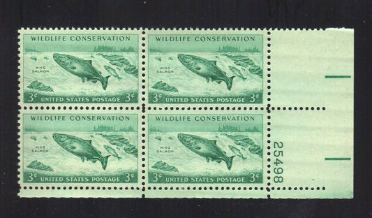 1956 Wildlife Conservation King Salmon Plate Block of 4 3c Postage Stamps - MNH, OG - Scott# 1079 - CX923