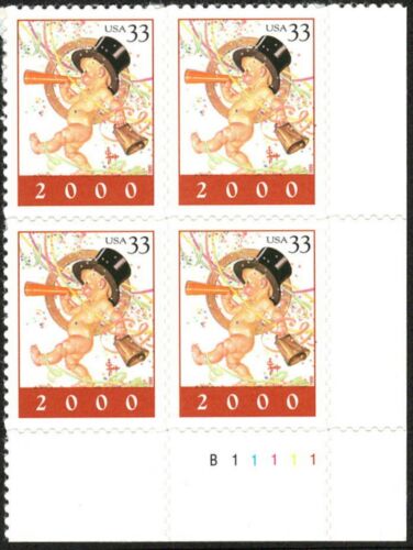 1999 -Year 2000 Plate Block of 4 33c Postage Stamps - Scott 3369 - DM174