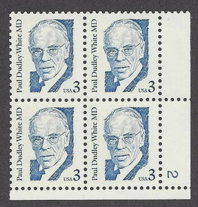 1986 Paul Dudley White Plate Block of 4 3c Postage Stamps - MNH, OG - Sc# 2170