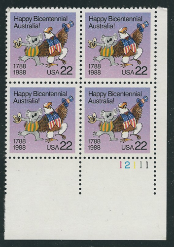 1988 Happy Bicentennial Australia! USA Plate Block Of 4 22c Postage Stamps - Scott 2370 - MNH - CW371a