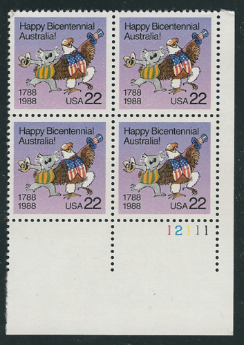 1988 Happy Bicentennial Australia! USA Plate Block Of 4 22c Postage Stamps - Sc# 2370 - MNH - CW371a
