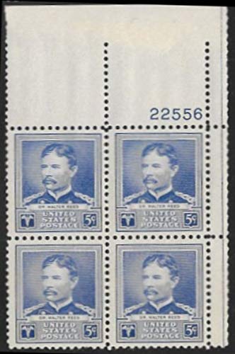 1940 Walter Reed Plate Block of 4 5c Postage Stamps - Scott 877 - MNH, OG