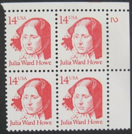 1987 Julia Ward Howe Women's Suffrage Plate Block of 4 14c Postage Stamps - MNH, OG - Scott 2176