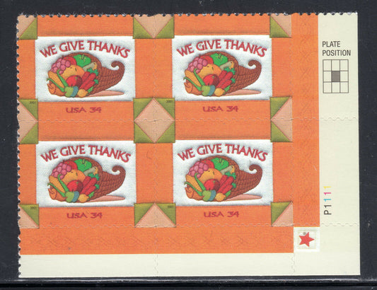 2001 "We Give Thanks" Thanksgiving Plate Block of 4 34c Postage Stamps - MNH, OG - Scott 3546