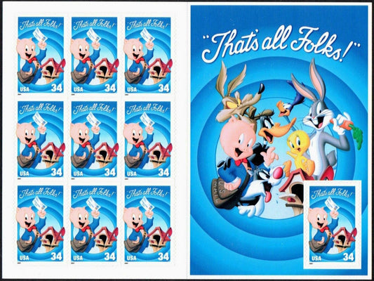 2001 Porky Pig "Thats All Folks" Sheet Of 10 34c Postage Stamps - MNH, OG - Scott 3534