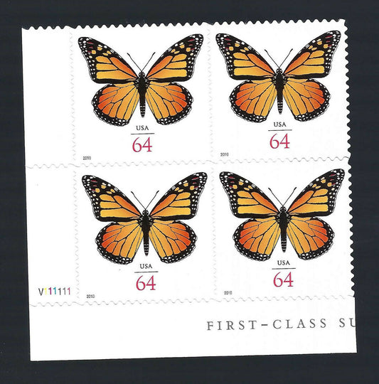 2010 Monarch Butterflies Plate Block of 4 64c Postage Stamps - MNH, OG - Scott 4462