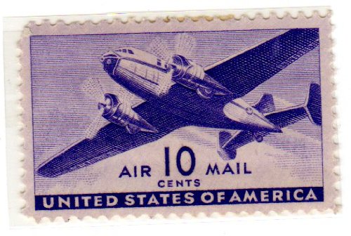 1941-44 Twin-Motored Transport Plane  Single 10c Airmail Postage Stamp  - Scott C27 -  MNH,OG