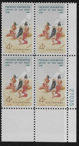 1961 Frederic Remington Plate Block of 4 4c Postage Stamps - Scott -1187 - MNH, OG - CX673