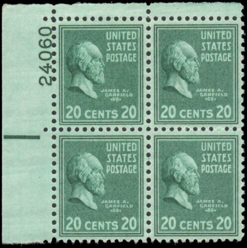 1938 President James A Garfield Plate Block of 4 20c Postage Stamps -  Scott 825 - MNH,OG