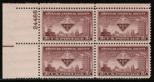 1951 American Chemical Society Plate Block of 4 3c Postage Stamps - MNH, OG - Scott 1002