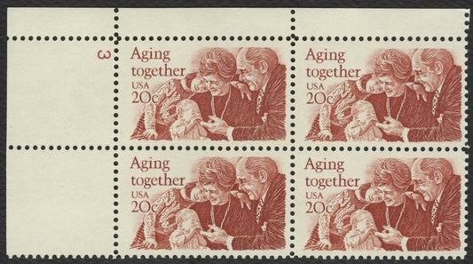 1982 Aging Together Plate Block of 4 20c Postage Stamps - MNH, OG - Scott 2011