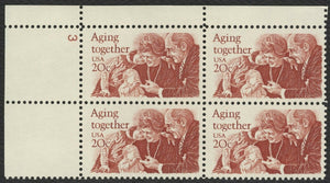 1982 Aging Together Plate Block of 4 20c Postage Stamps - MNH, OG - Sc# 2011