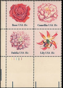 1981 Flowers Rose, Camellia, Dahlia, Lily Plate Block of 4 18c Postage Stamps - MNH, OG - Sc# 1876-1879