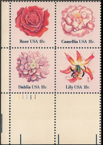 1981 Flowers Rose, Camellia, Dahlia, Lily Plate Block of 4 18c Postage Stamps - MNH, OG - Sc# 1876-1879