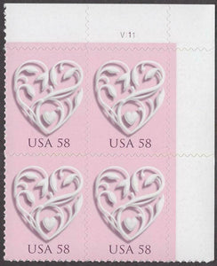 2007 Silver Wedding Heart Plate Block of 4 58c Postage Stamps - MNH, OG - Sc# 4152