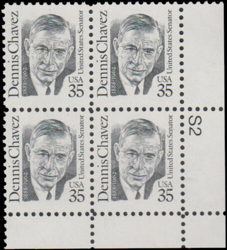 1991 Dennis Chavez Plate Block of 4 35c Postage Stamps - MNH, OG - Sc# 2186