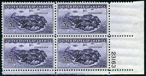 1944 Corregidor Island Plate Block of 4 3c Postage Stamps - MNH, OG - Scott 925