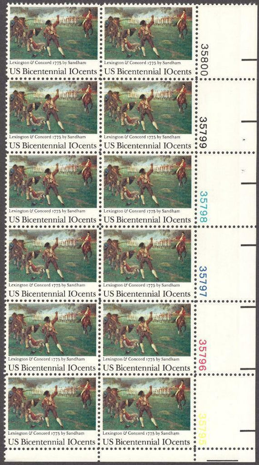 1975 Bicentennial Battles Of Lexington & Concord Plate Block of 12 10c Postage Stamps - MNH, OG - Scott 1563a