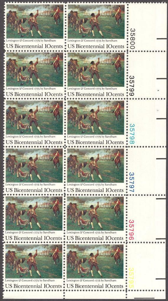 1975 Bicentennial Battles Of Lexington & Concord Plate Block of 12 10c Postage Stamps - MNH, OG - Sc# 1563a