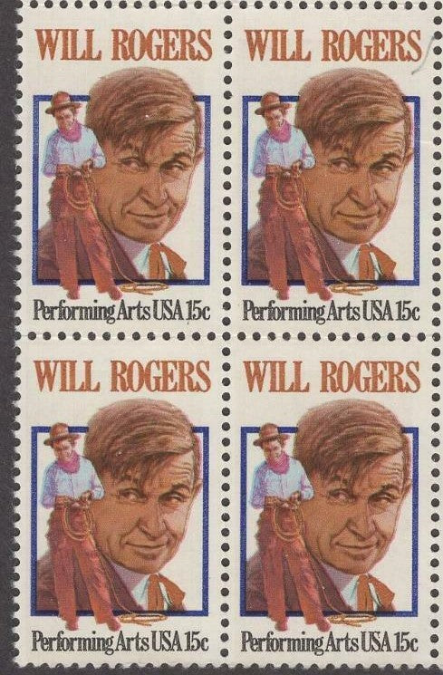 1979 Will Rogers Block Of 4 15c Postage Stamps - Scott 1801 - MNH, OG - CW17a