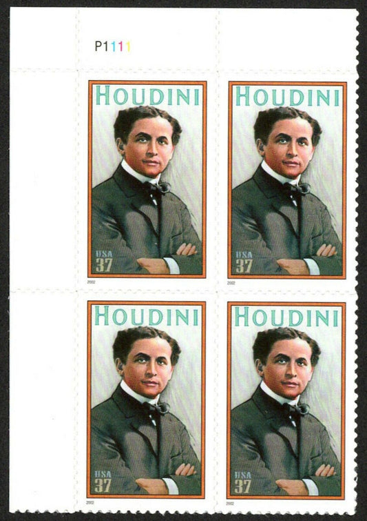 2002 Harry Houdini Plate Block Of 4 37c Postage Stamps - Scott 3651 - DM173a